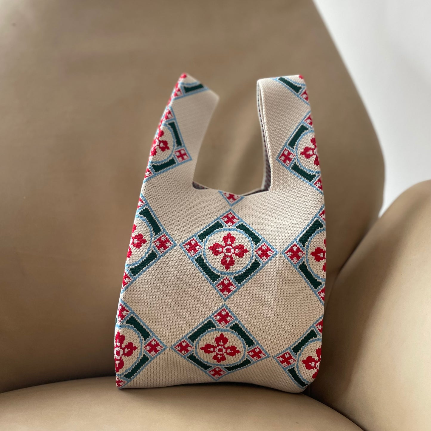 Peranakan Tile Knit Tote (White)