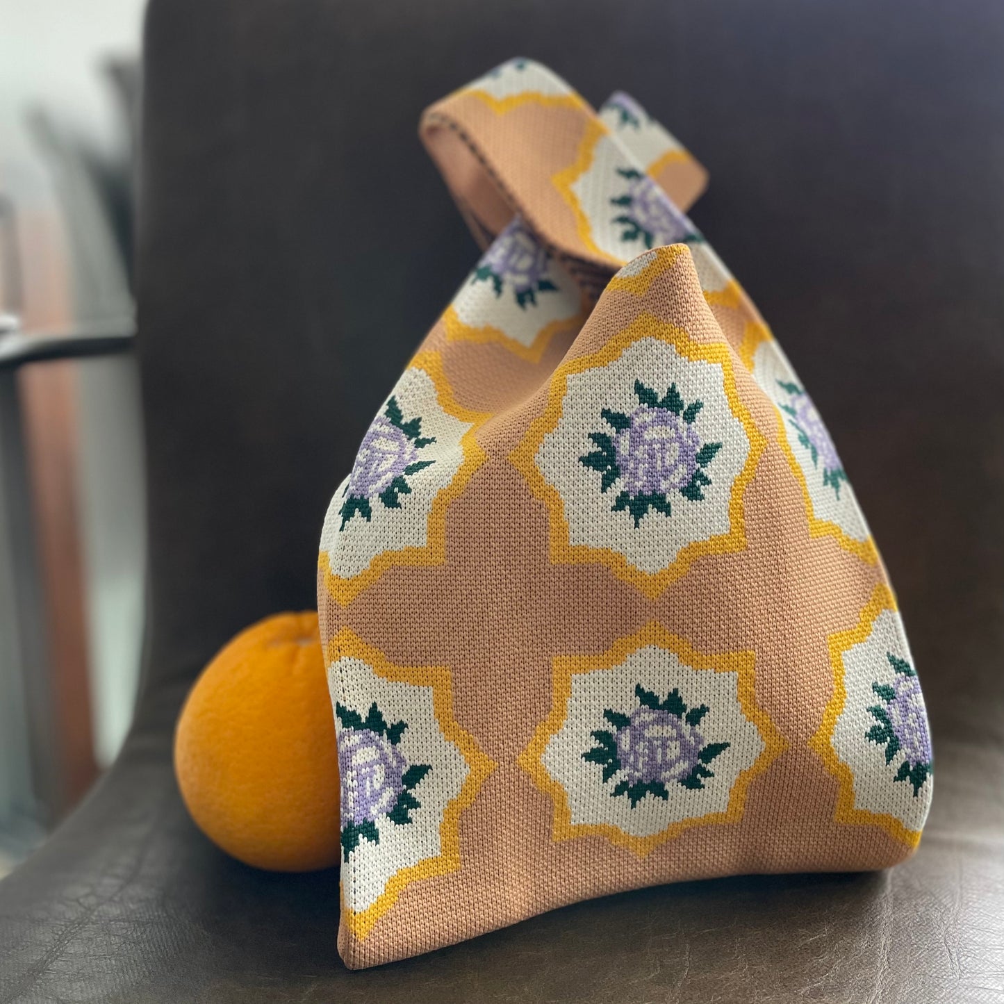 Peranakan Flower Knit Bag with oranges