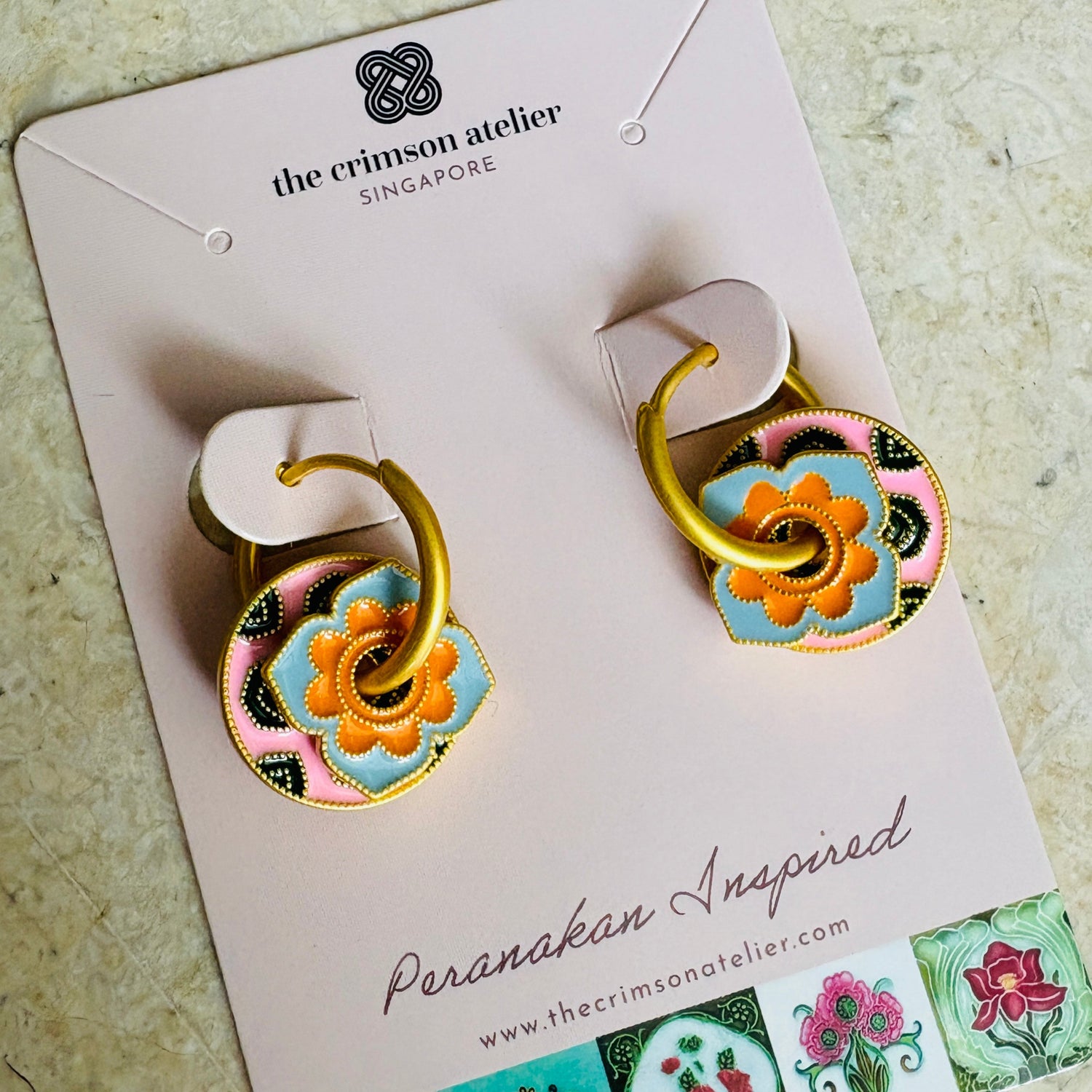 Peranakan Pink Hoop Earrings Flatlay