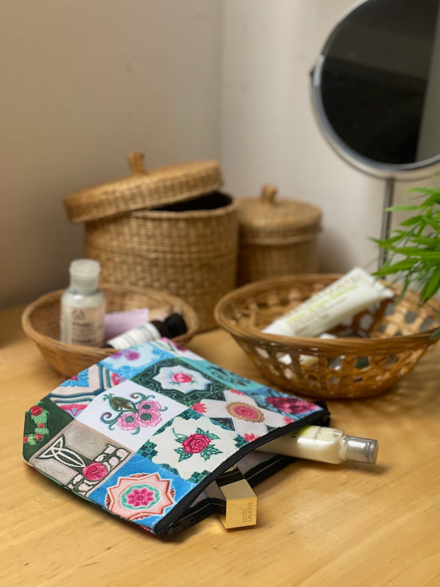 Peranakan Tiles Pouch on vanity counter