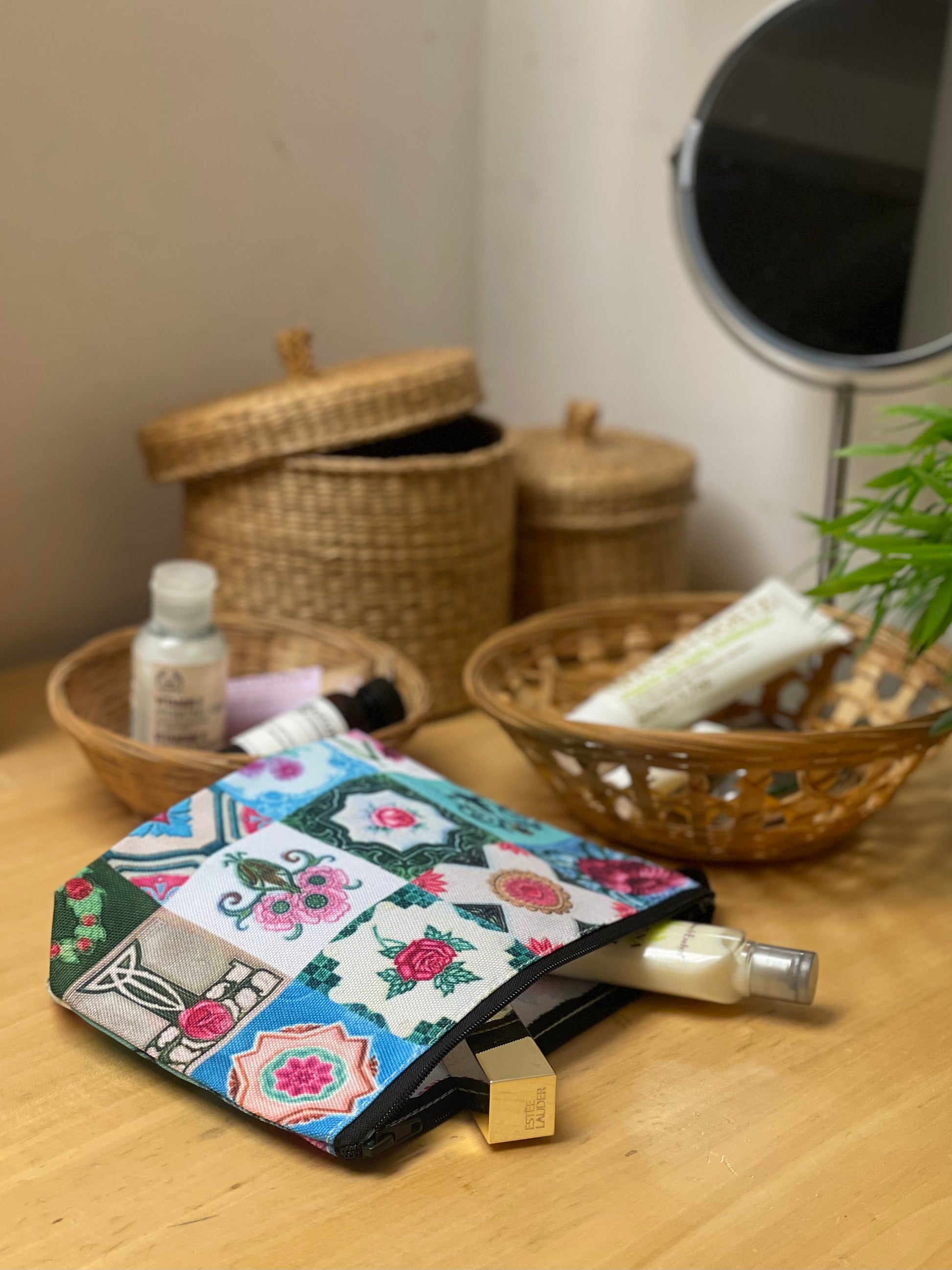 Peranakan Tiles Pouch on vanity counter