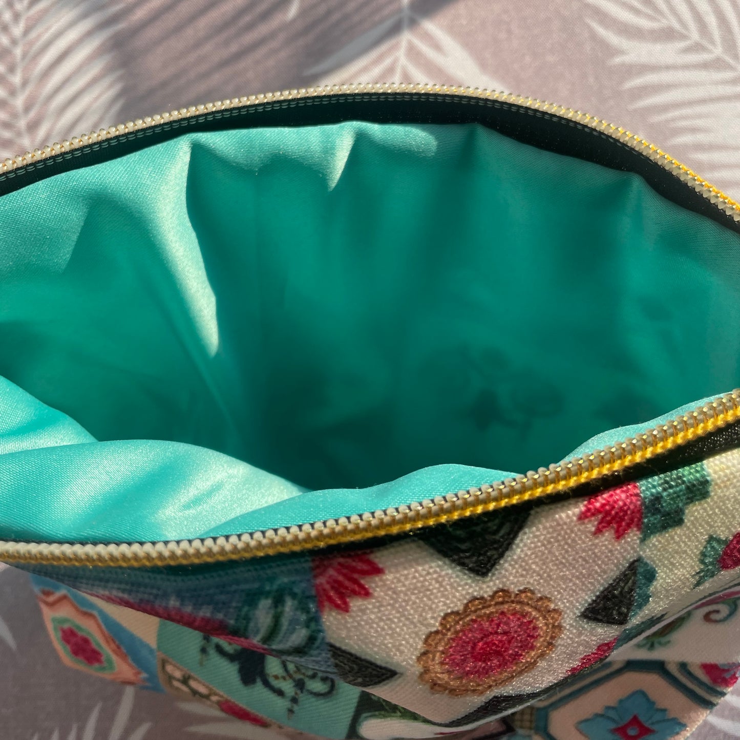 Peranakan Tiles Pouch Interior with turquoise satin lining