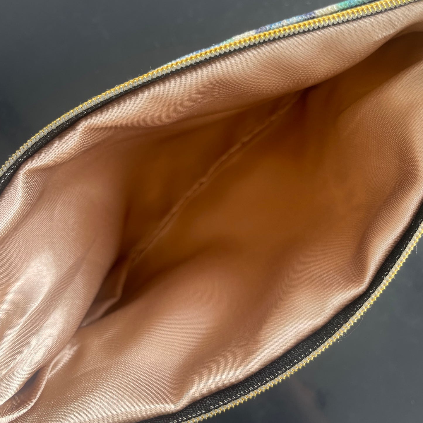 Peranakan True Blue Pouch Interior with taupe satin lining