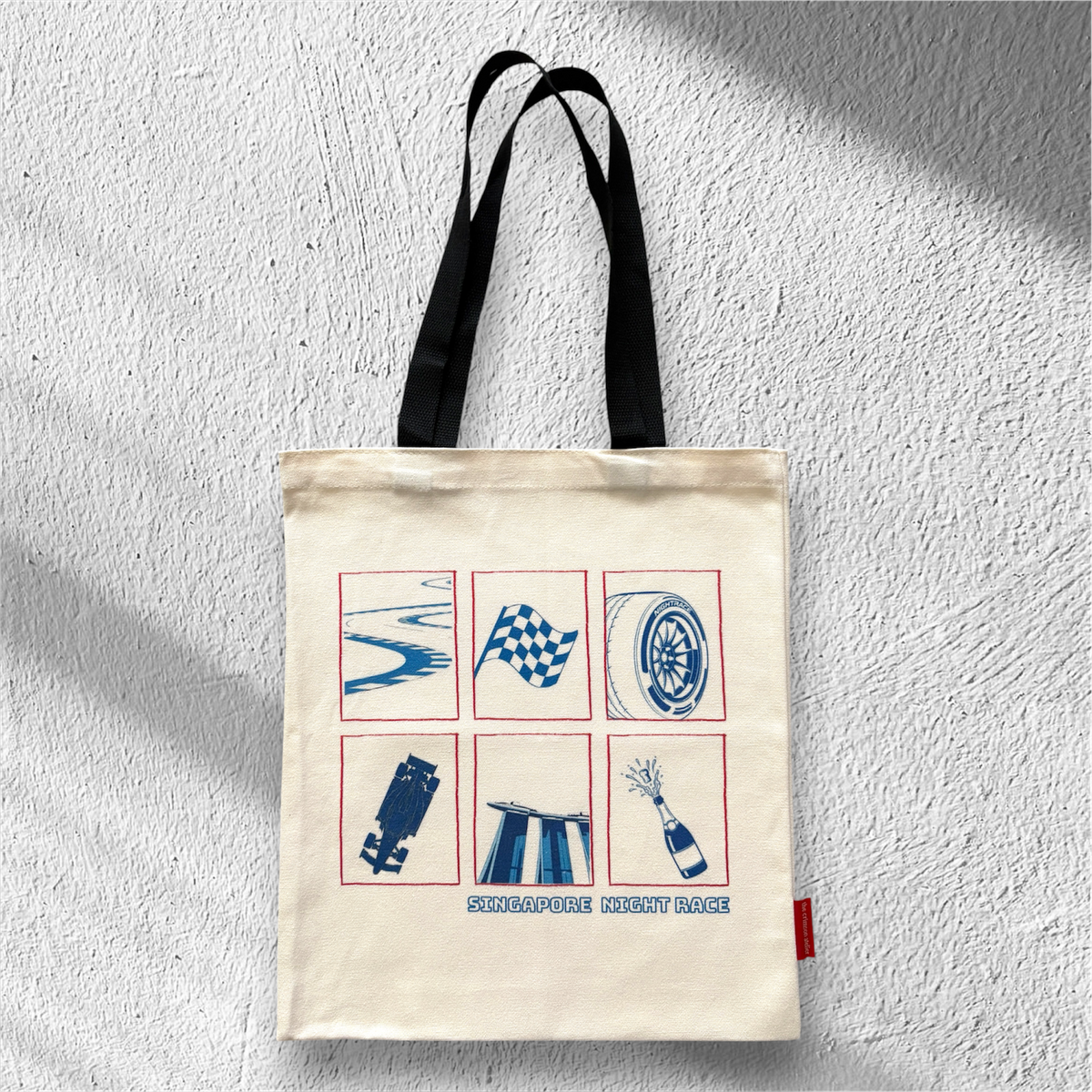 F1 Singapore Night Race Grand Prix - tote bag with race car, marina bay sands, racing elements