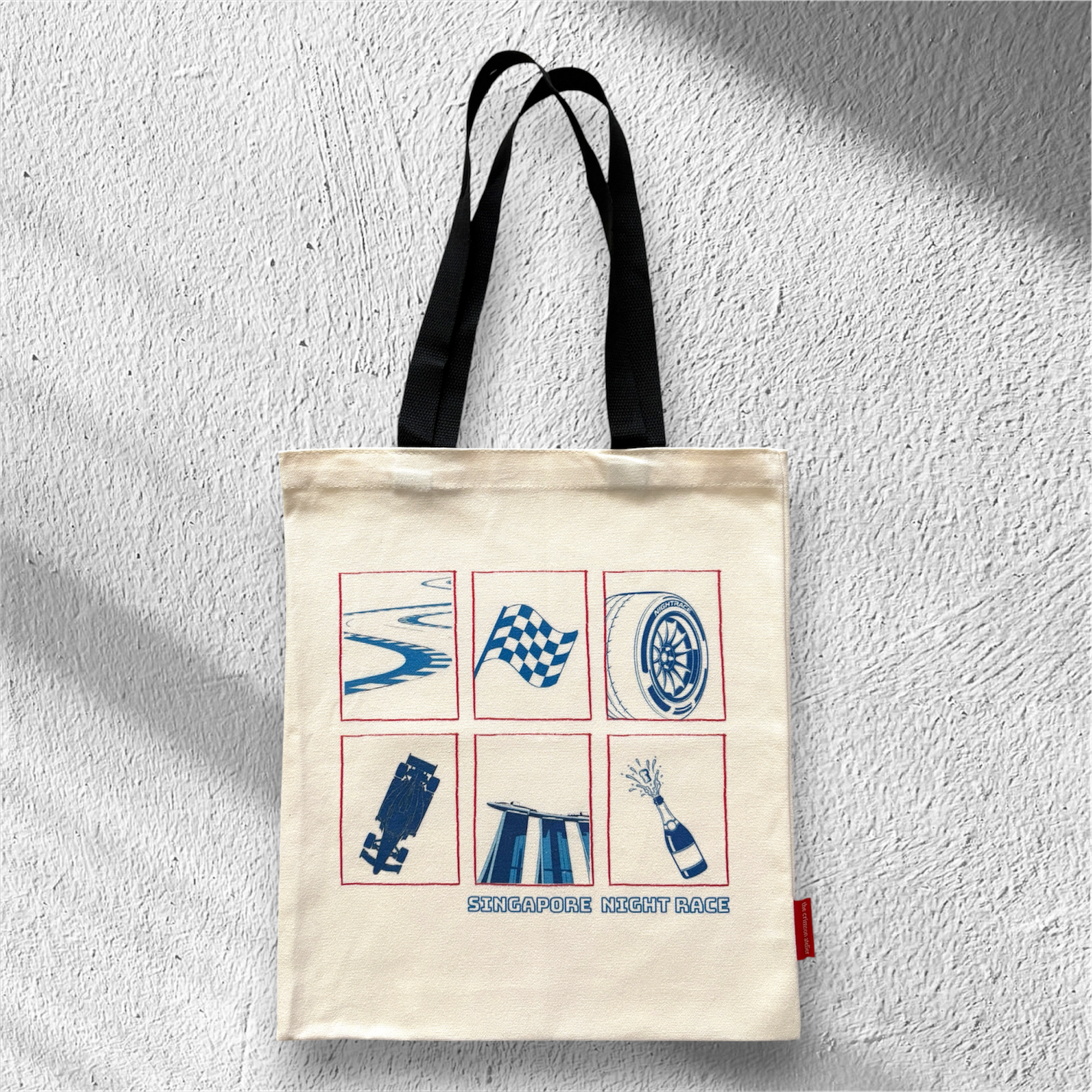 F1 Singapore Night Race Grand Prix - tote bag with race car, marina bay sands, racing elements