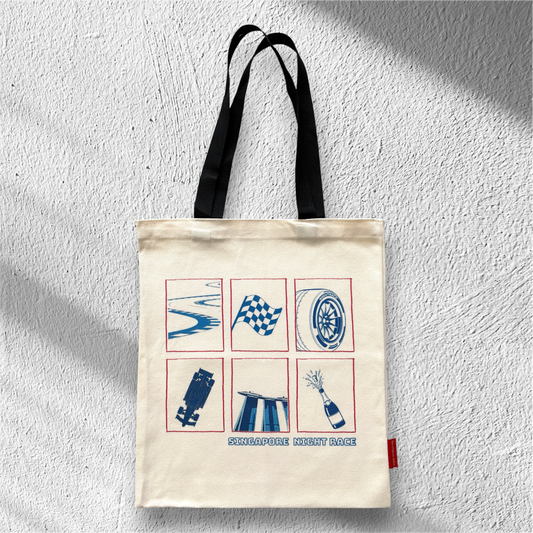 F1 Singapore Night Race Grand Prix - tote bag with race car, marina bay sands, racing elements