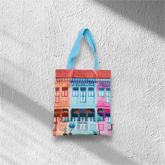Singapore Souvenir - Shophouses Petite Tote featuring a vibrant print of Peranakan shophouses in Singapore