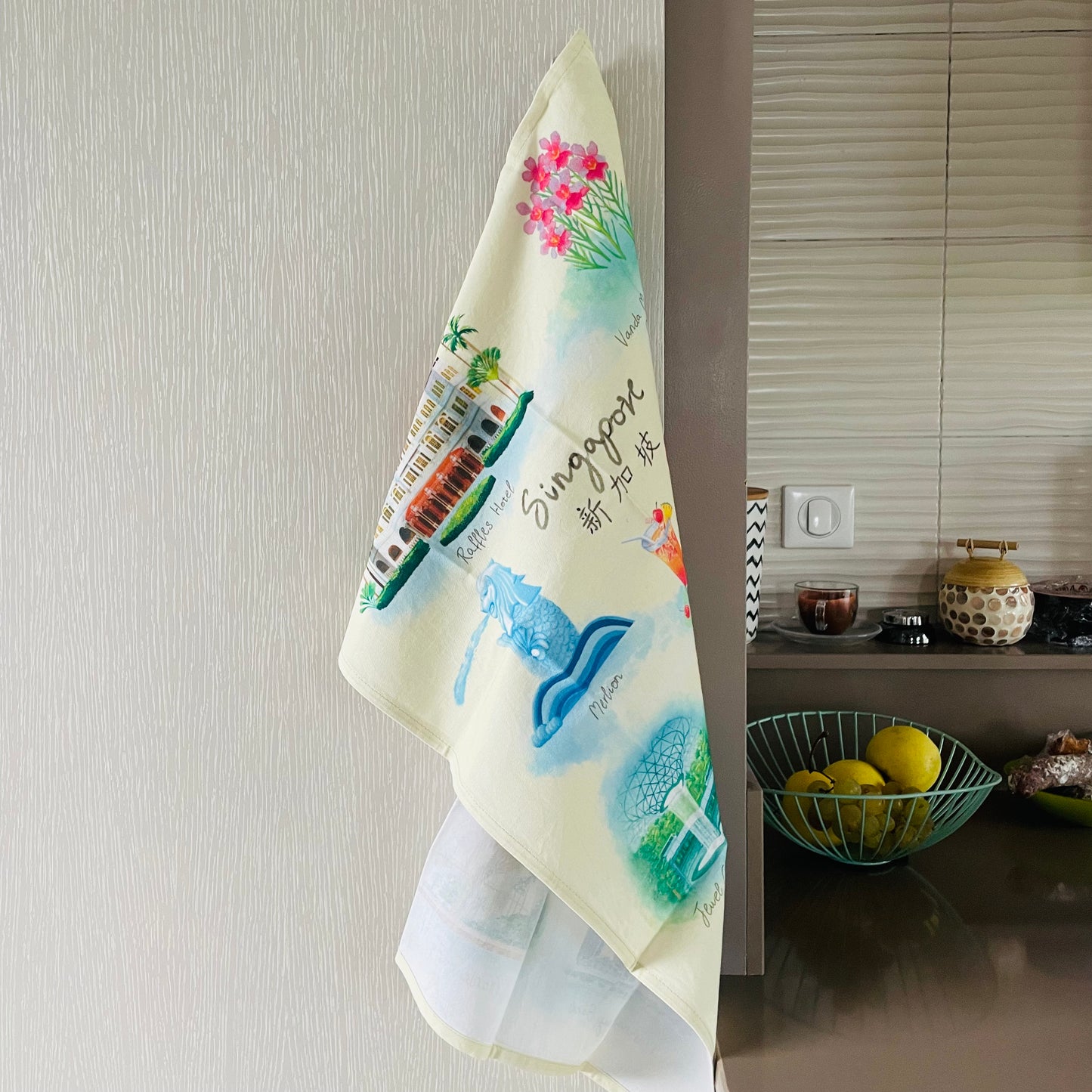 Singapore Icons Tea Towel Hanging In Kitchen